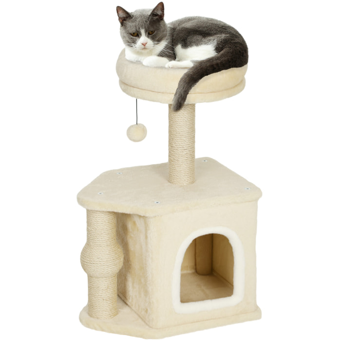 Árbol Rascador para Gatos Altura 66 cm Árbol para Gatos Torre para Gatos con Cama Cueva Plataforma Bola Colgante y Poste de Yute Beige