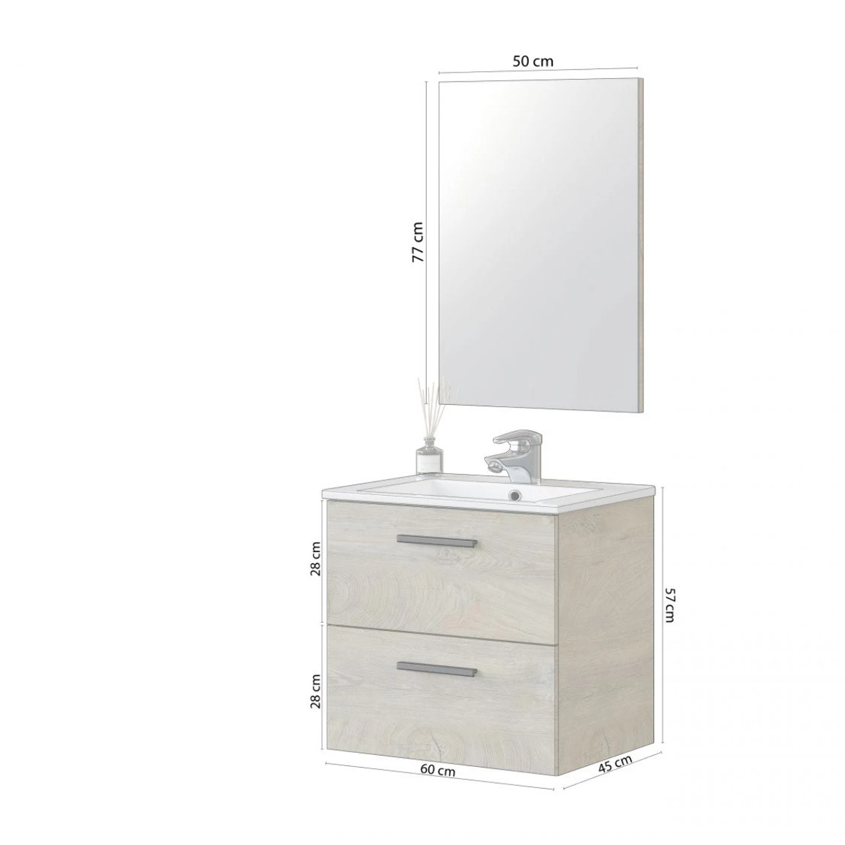 Mueble de baño con espejo Sense 2 cajones 60 Roble Alaska