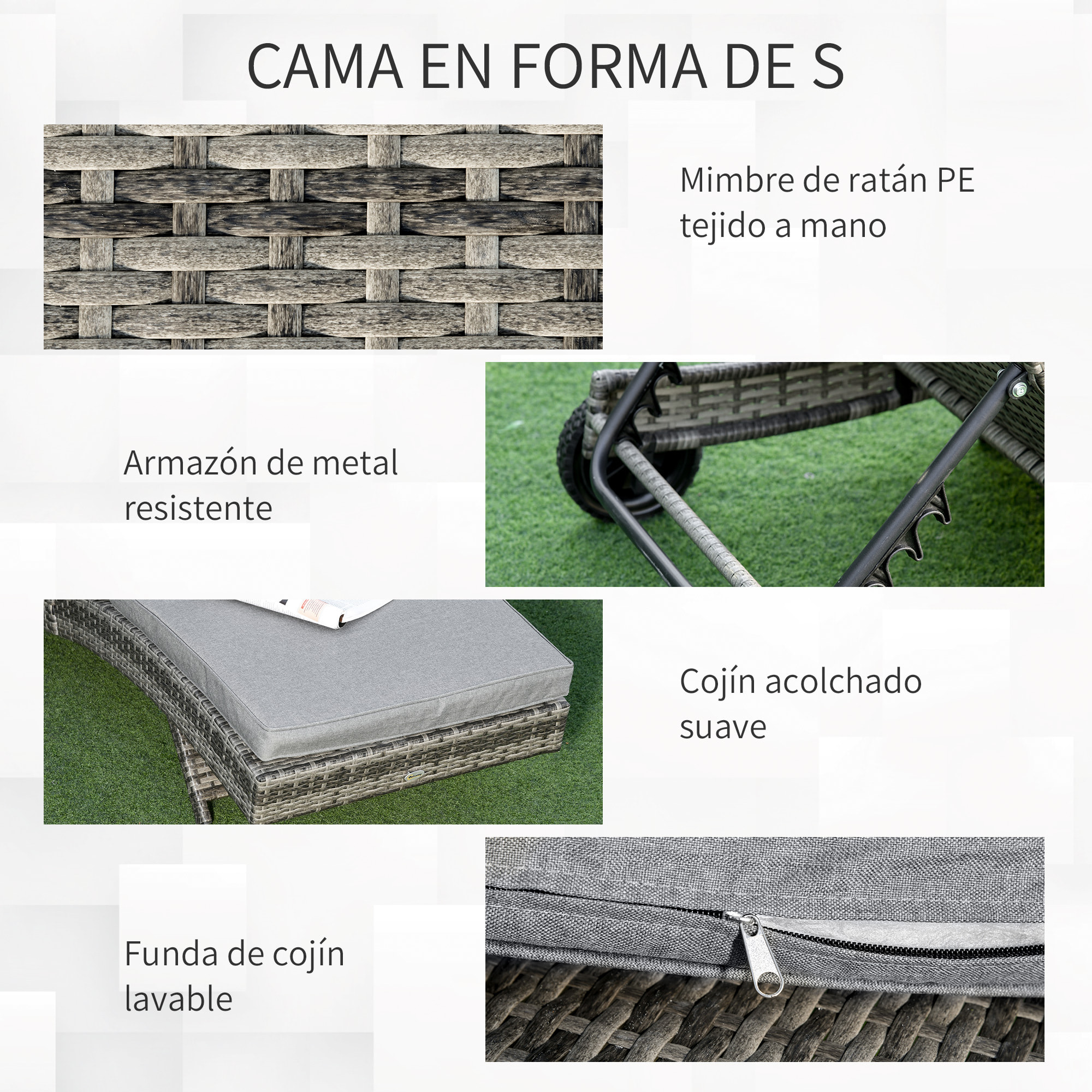 Tumbona de Ratán Reclinable Tumbona de Jardín en Forma de S con 2 Ruedas Respaldo Ajustable en 5 Posiciones y Cojín Extraíble para Patio Terraza 207x70x70 cm Gris