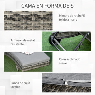 Tumbona de Ratán Reclinable Tumbona de Jardín en Forma de S con 2 Ruedas Respaldo Ajustable en 5 Posiciones y Cojín Extraíble para Patio Terraza 207x70x70 cm Gris