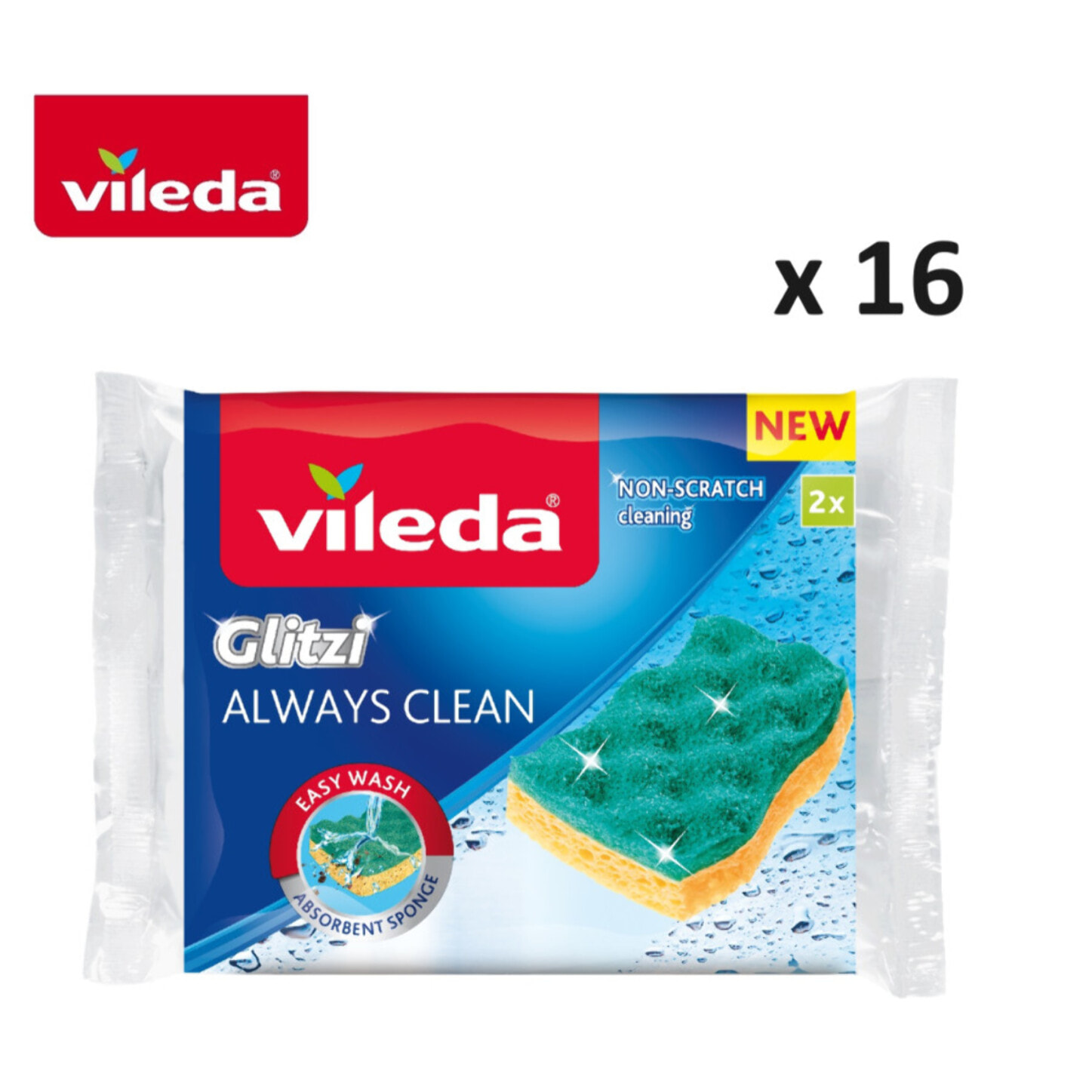 Vileda - Pack de 16 x 2 - Eponge viscose Glitzi Always Clean - Grattante sans rayer - 32 éponges