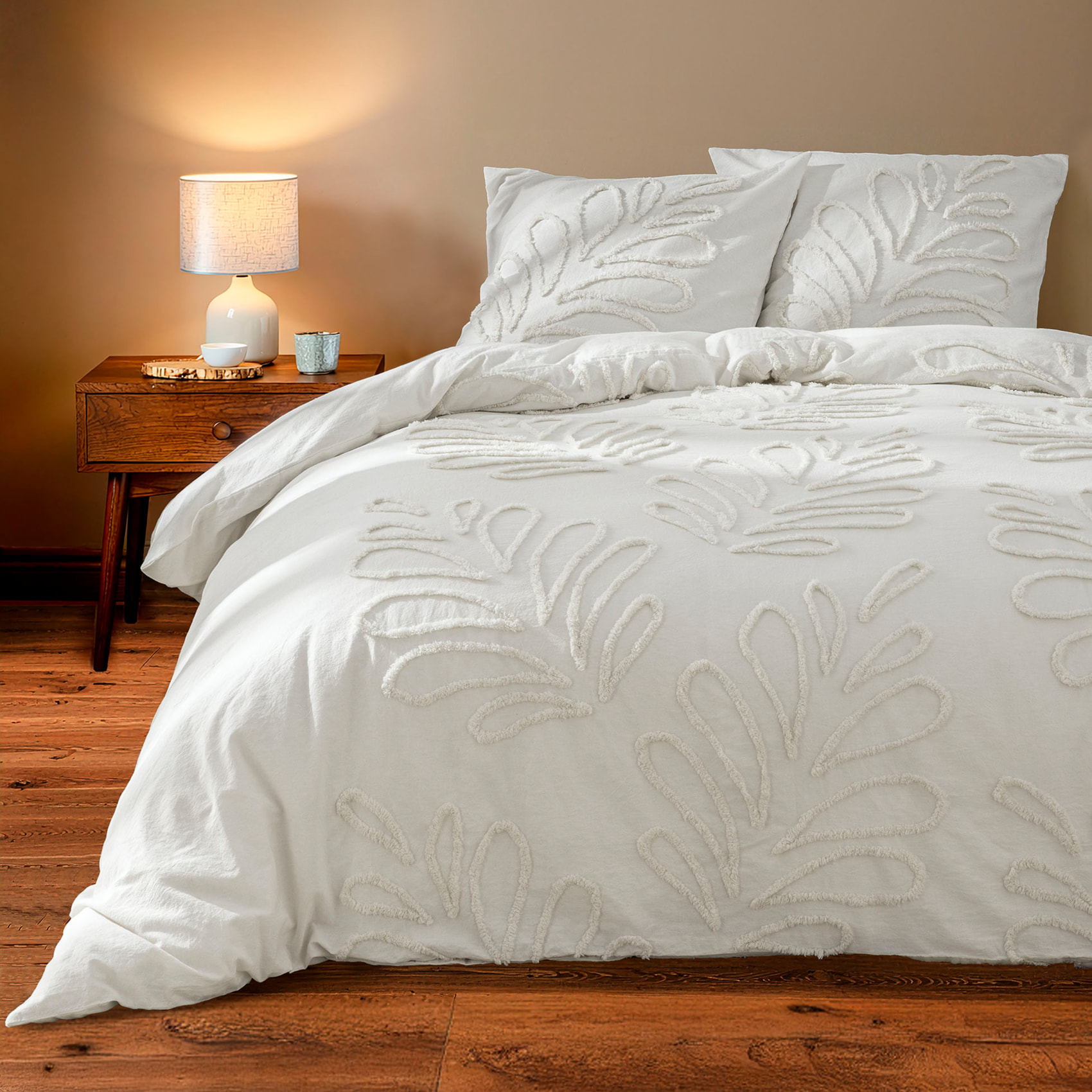 Parure de lit 3 pièces 100% coton tufté housse + taies - Blanc