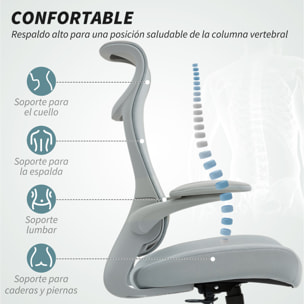 Silla de Oficina Ergonómica Giratoria, con Soporte Lumbar y Reposabrazos 3D Abatibles, Silla de Escritorio de Malla con Reposacabezas Integrado, Función Basculante, Altura Ajustable, Gris