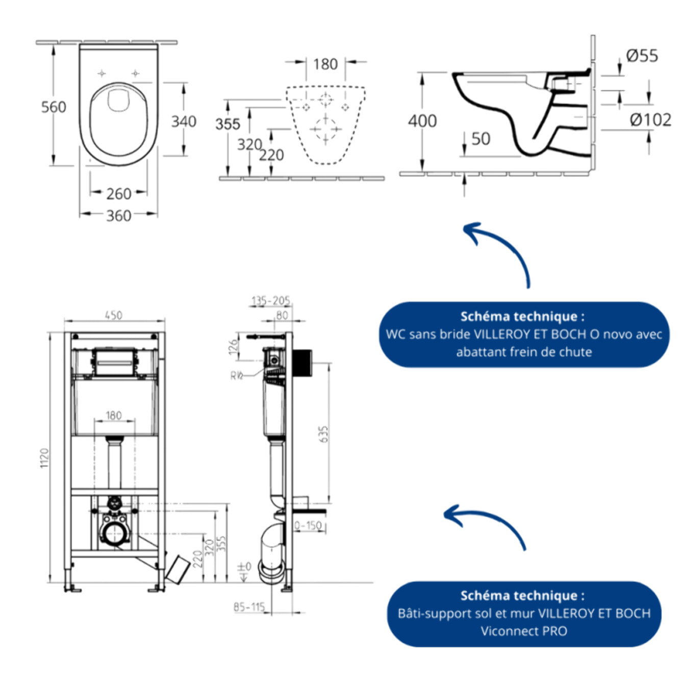 Pack WC sans bride O novo abattant frein de chute + bâti-support sol et mur Viconnect PRO + plaque Chromé mat  + Tabouret bois