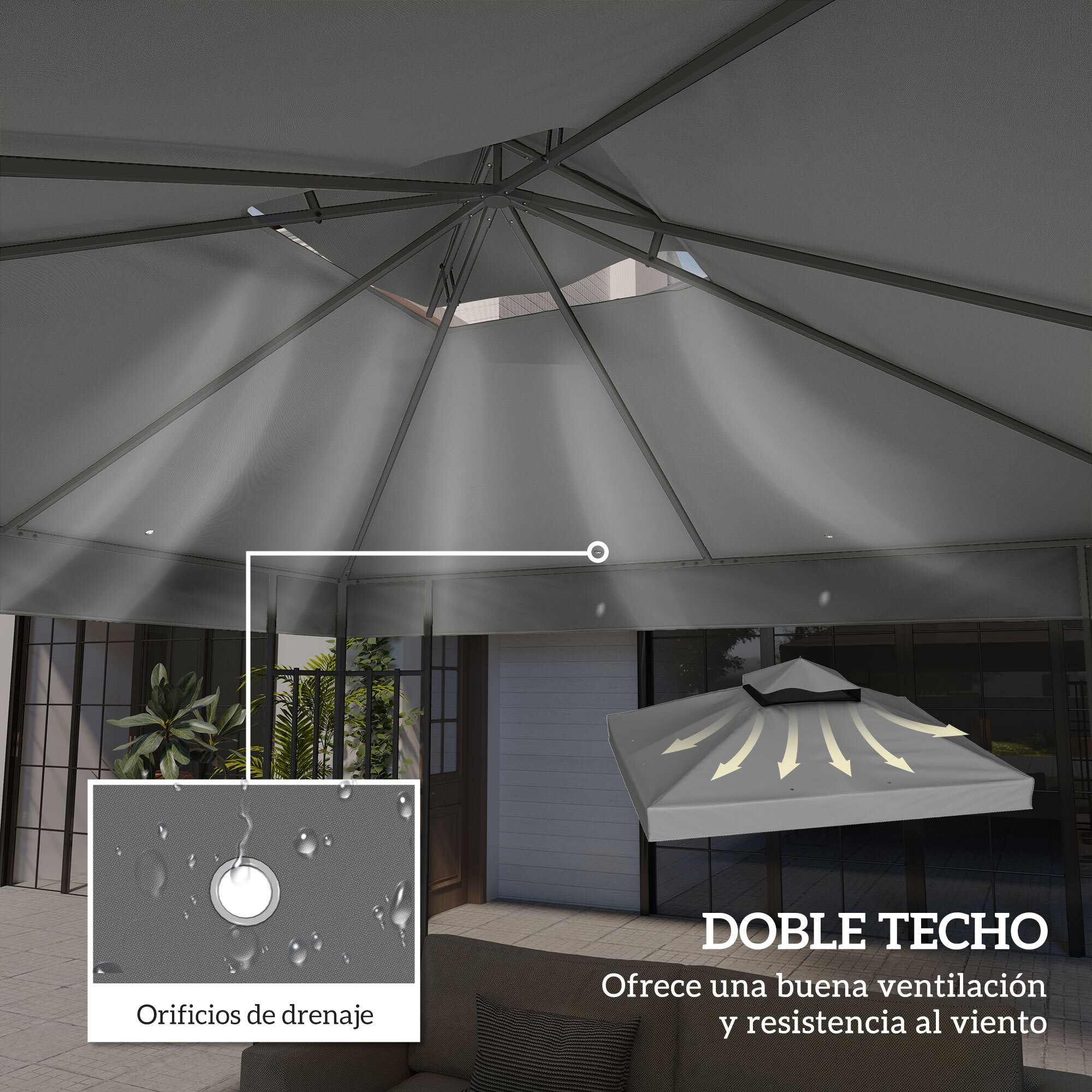 Techo de Repuesto para Cenador, 3x3 m, Cubierta de Repuesto con Techo Doble, Orificios de Drenaje y Protección UPF30+, SOLO Toldo de Recambio para Pabellón Gazebo, Gris Oscuro