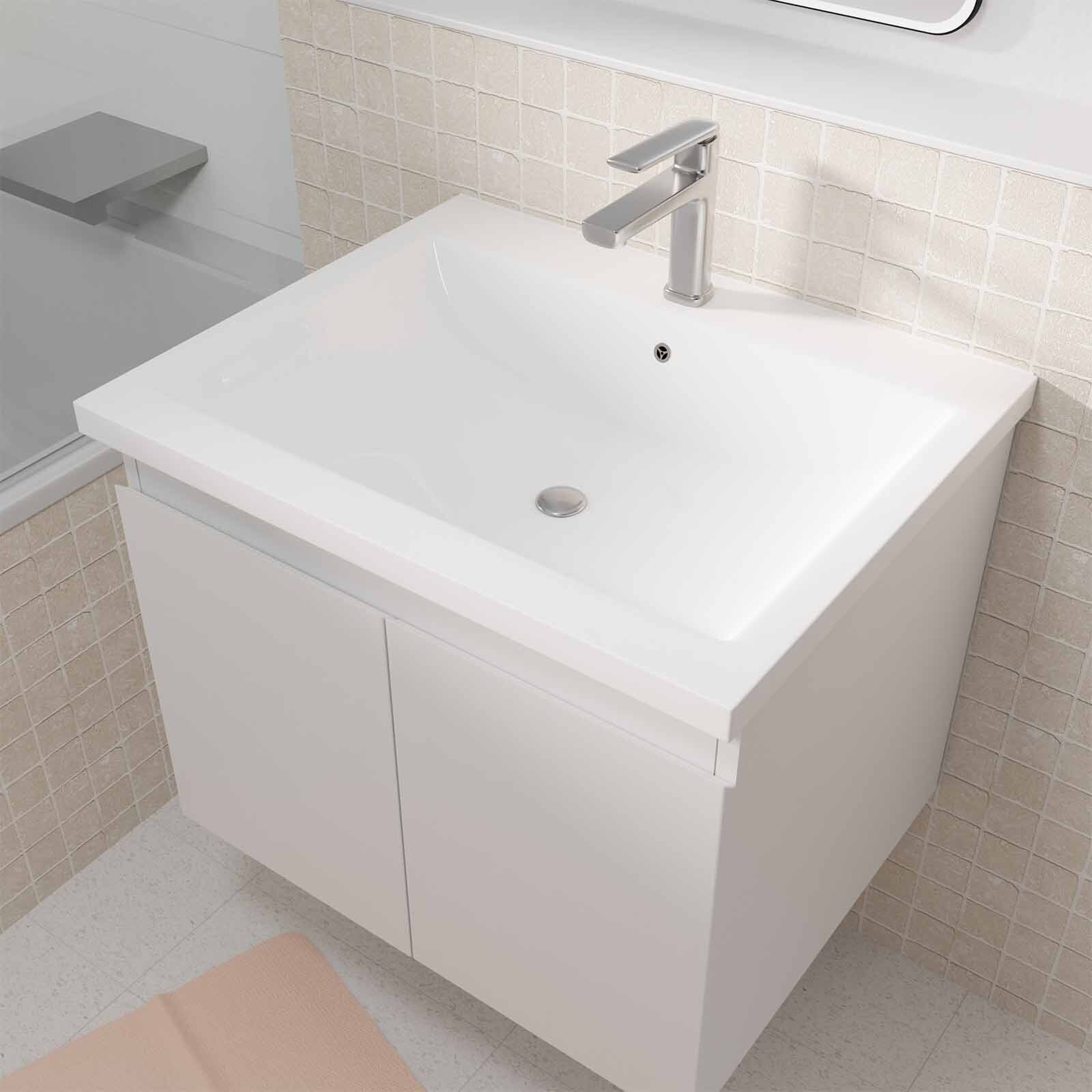 Meuble de salle de bains 60cm a Suspendre Blanc - 2 Portes - Vasque Blanche - ELEMENTARY