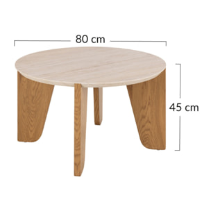 Noeva - table basse - pieds en chêne - plateau effet travertin - 80 cm - Bois