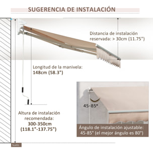 Toldo Manual Retráctil 295x200 cm Toldo para Balcón con Manivela de Metal Impermeable y Anti-UV para Jardín Terraza Beige