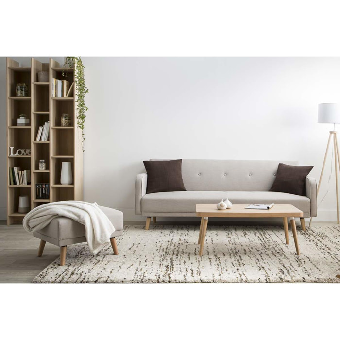 Canapé convertible scandinave 3 places en tissu beige et bois clair ULLA