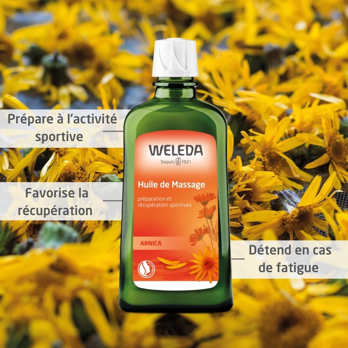 WELEDA - LOT Huile de massage Arnica 2x200ml + 1x100ml - Vegan* - Certifié Natrue**- Flacon 200ml et Flacon pompe 100ml