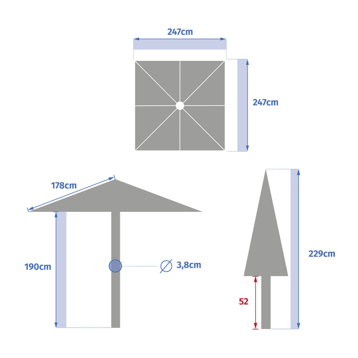 Parasol droit carré "Soya" argile & blé 2,5 x 2,5m en acier et polyester