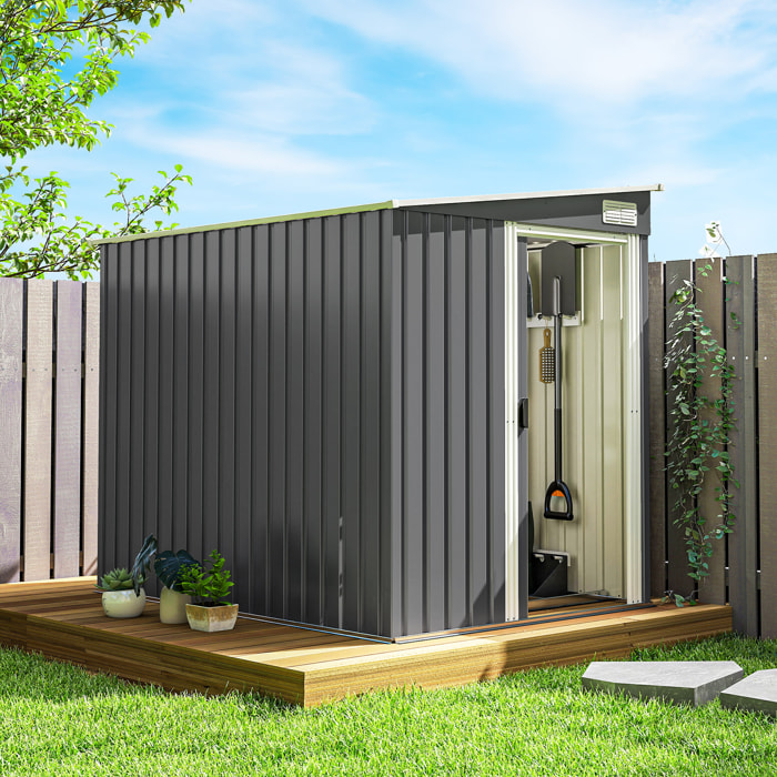 Abri de jardin métal cabanon 2,81 m² dim. 2,06x1,54x1,6/1,81Hm - porte, 2 étagères, 2 crochets, fondation incluse - acier gris