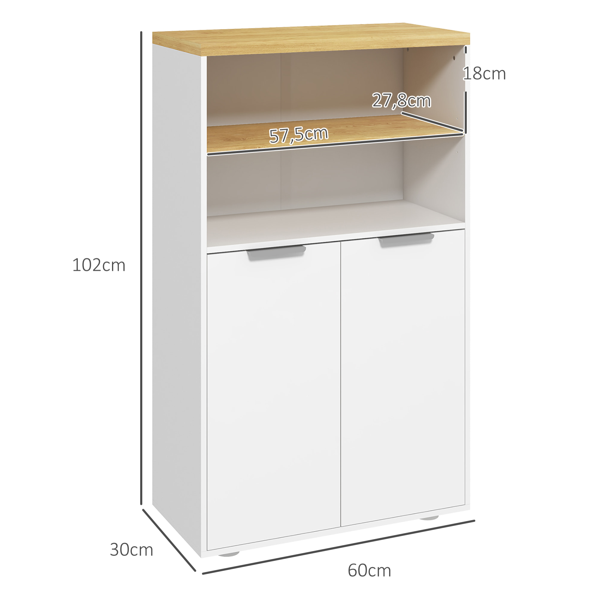 Meuble bas salle de bain - 2 portes, étagère, 2 niches - dim. 60L x 30l x 102H cm - blanc bois clair