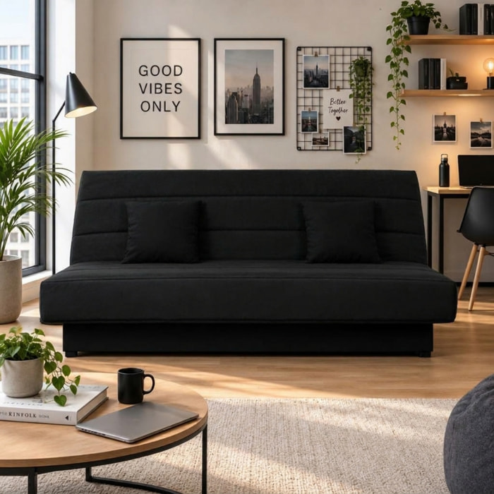 Canapé convertible Marseille, Matelas Simmons, 120 x 190 cm, coton noir