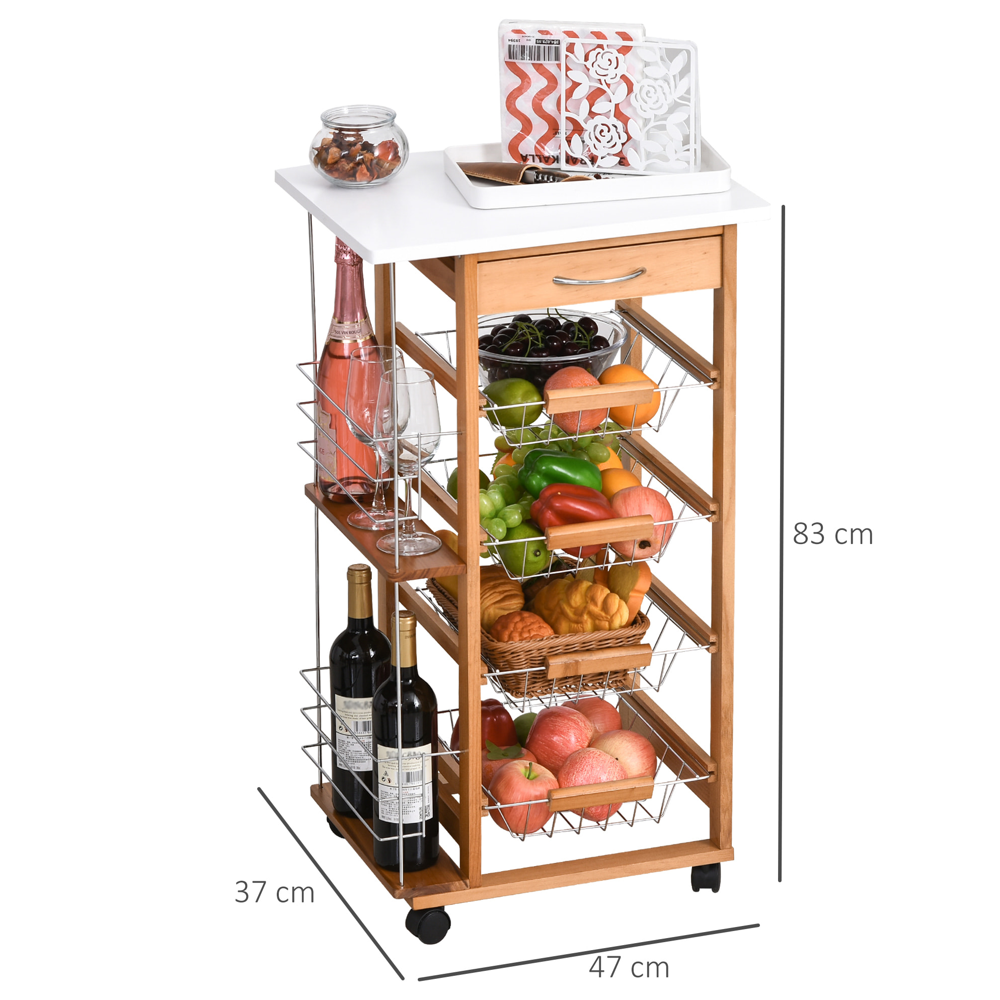Desserte cuisine bois roulante - tiroir, 4 paniers amovibles, 2 porte-bouteilles - bois blanc