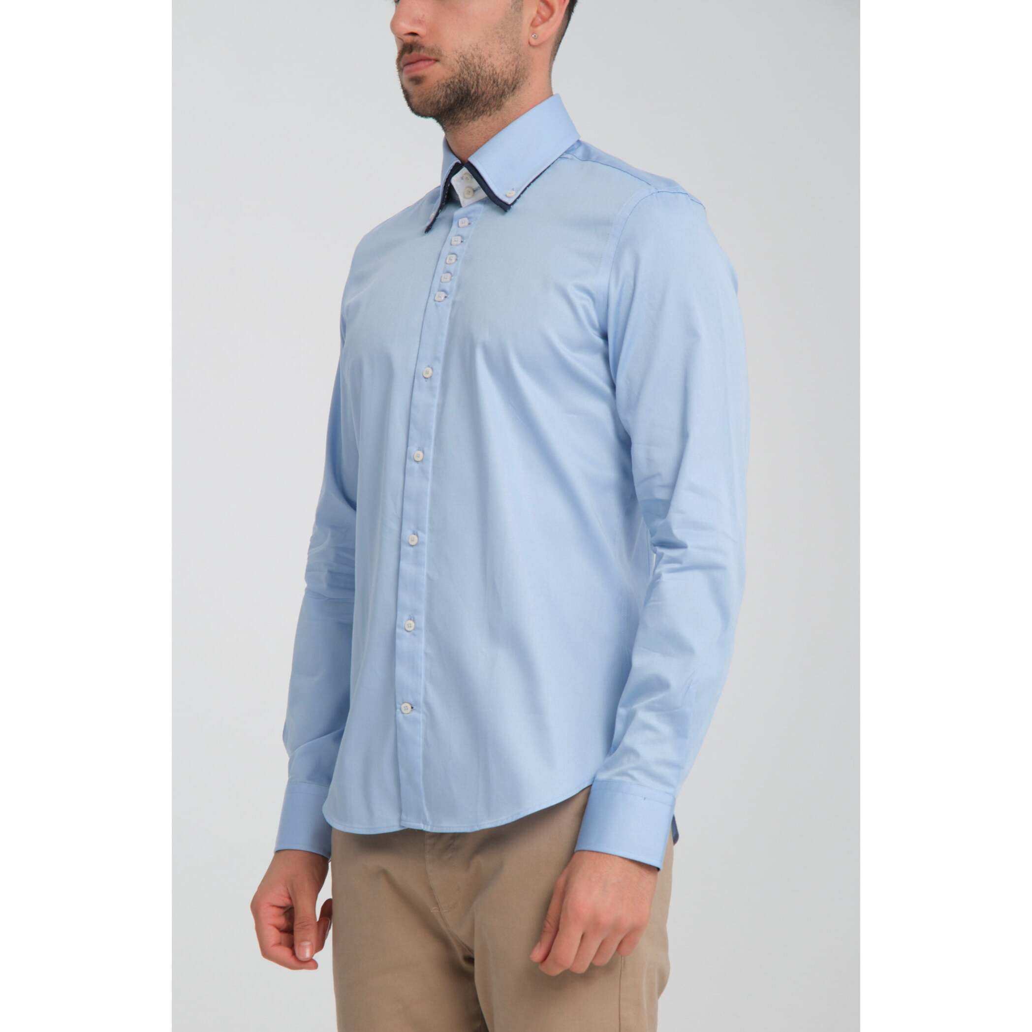 Camicia Uomo 2 Bottoni Button Down 7bottoni Doppio Coll Satin Unito Celeste