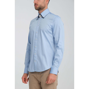 Camicia Uomo 2 Bottoni Button Down 7bottoni Doppio Coll Satin Unito Celeste