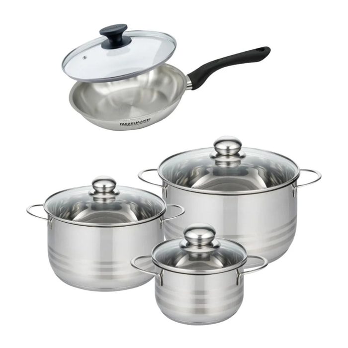 Set de 1 poêle en inox et couvercle, 3 faitouts inox Fackelmann Geneva