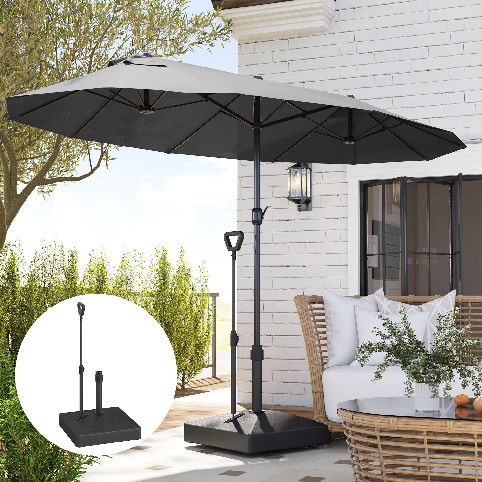Base para Sombrilla Cuadrada Soporte para Parasol con Ruedas Pie para Sombrilla con Asa Ajustable Rellenable con Agua 45L o Arena 55kg para Jardín Terraza Negro