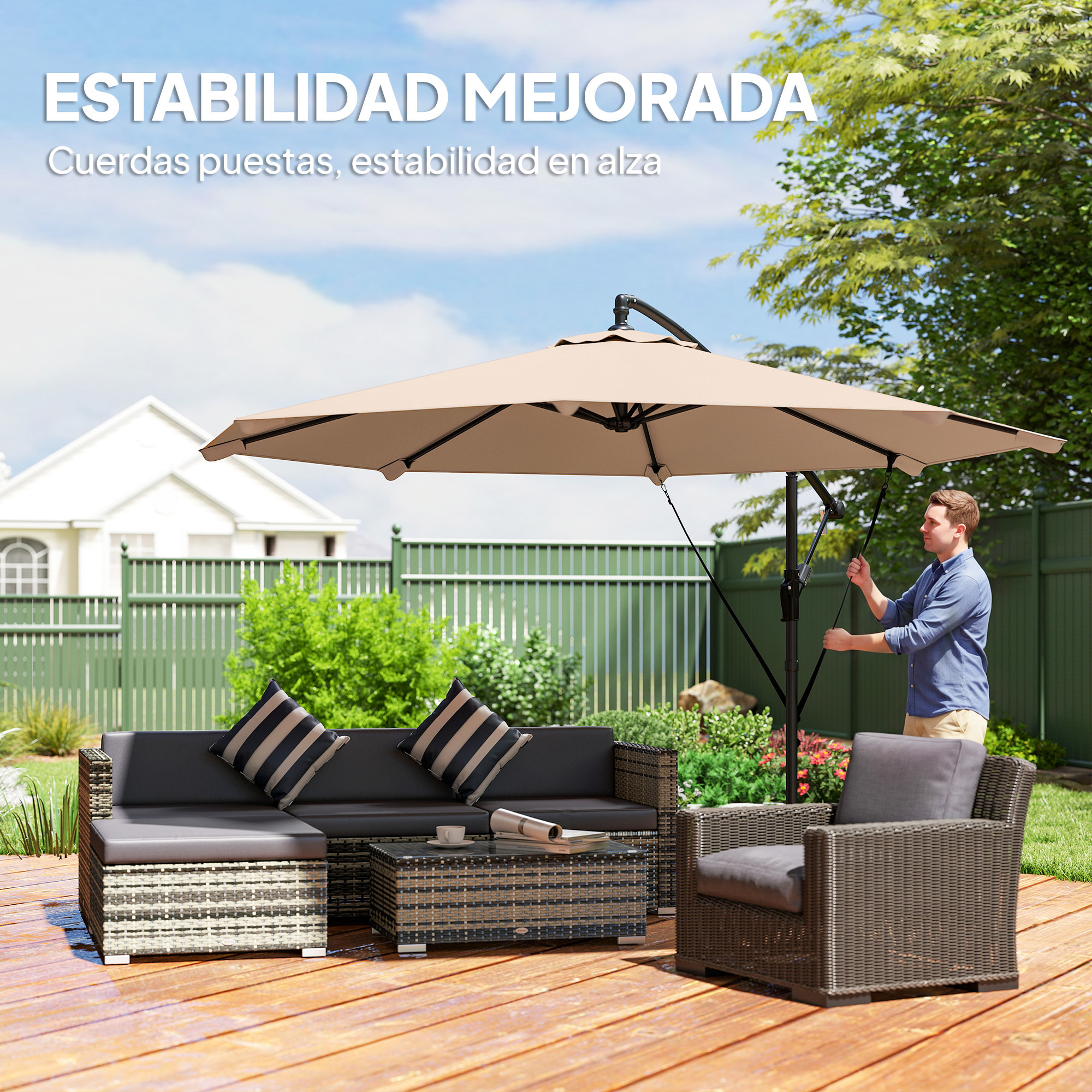 Parasol Excéntrico, Ø300 cm, Sombrilla de Jardín con Base Cruzada, Manivela, Funda Protectora y Cuerdas de Viento, UPF30+, para Terraza, Patio, Caqui