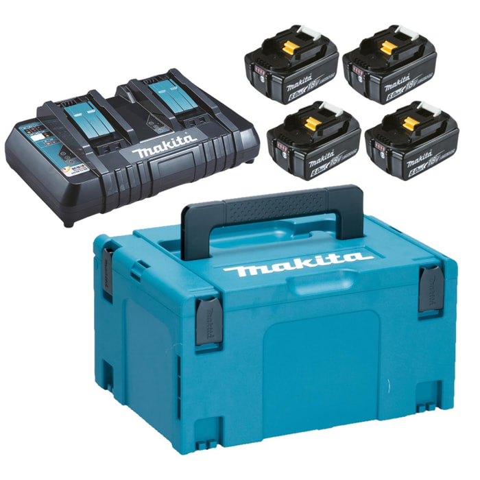 Pack 4 Batteries 6Ah Li-ion LXT avec indicateur de charge - BL1860 - MAKITA - avec chargeur double DC18RD - coffret Makpac - 198091-4