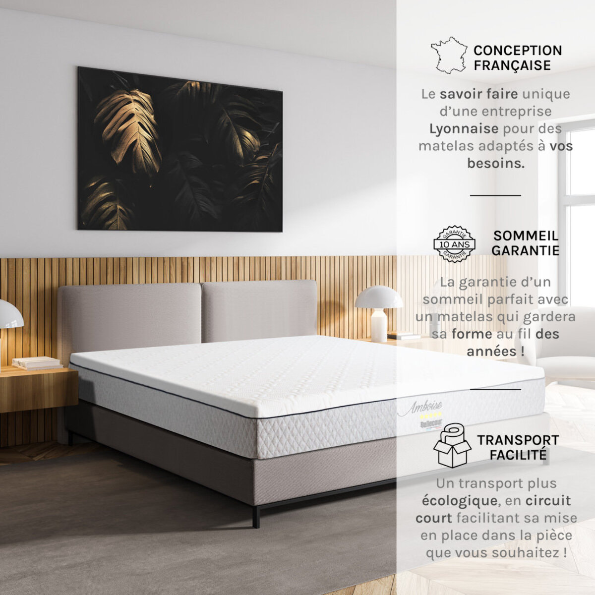 Matelas Amboise, Soutien Ferme, 24 cm, Mémoire de Forme & Mousse Haute Densité, Fabrication Française, Déhoussable