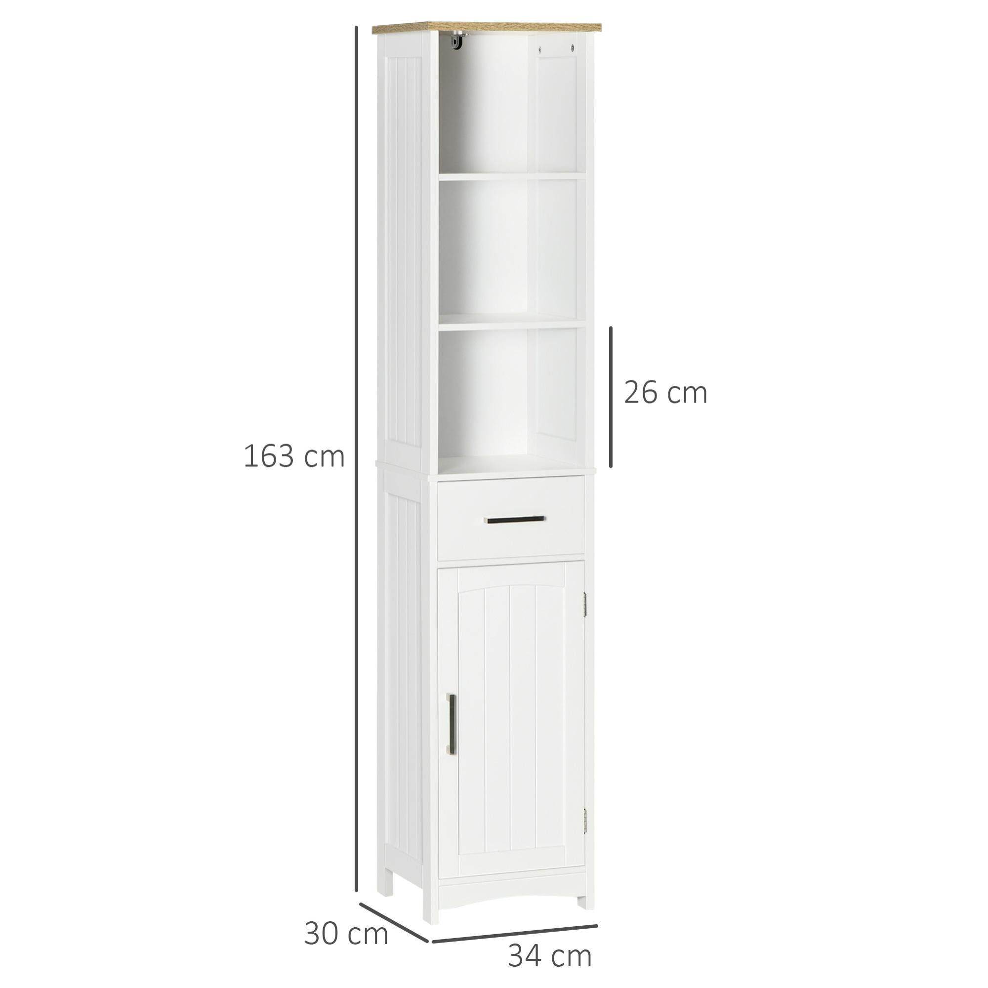 kleankin Armario de Baño con 1 Cajón 1 Puerta 3 Estantes Abiertos y Balda Interior Ajustable Mueble Auxiliar de Almacenaje para Salón Aseo Dormitorio 34x30x163 cm Blanco