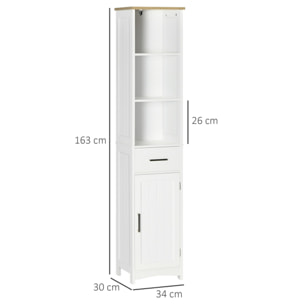 kleankin Armario de Baño con 1 Cajón 1 Puerta 3 Estantes Abiertos y Balda Interior Ajustable Mueble Auxiliar de Almacenaje para Salón Aseo Dormitorio 34x30x163 cm Blanco