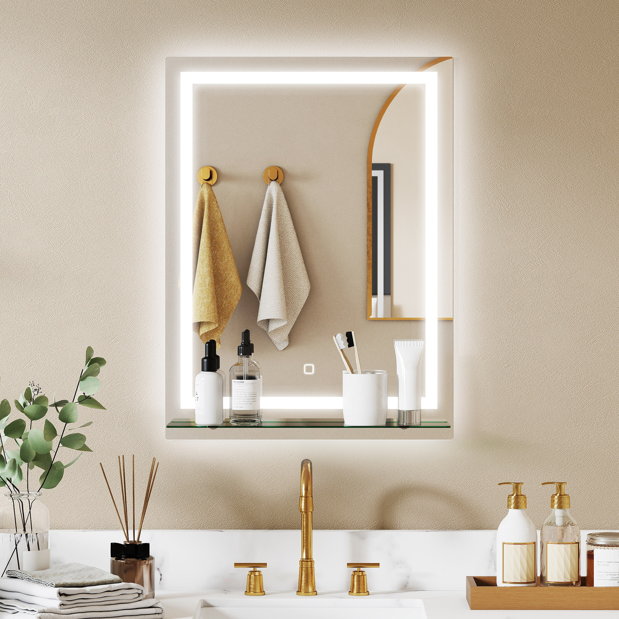 Espejo de Baño con Luces LED, 60x80 cm, Espejo de Pared, 3 Colores de Luz, Brillo Regulable, Estante de Vidrio, Función de Memoria, Interruptor Táctil, IP44, Vertical