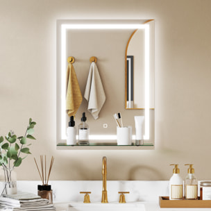 Espejo de Baño con Luces LED, 60x80 cm, Espejo de Pared, 3 Colores de Luz, Brillo Regulable, Estante de Vidrio, Función de Memoria, Interruptor Táctil, IP44, Vertical