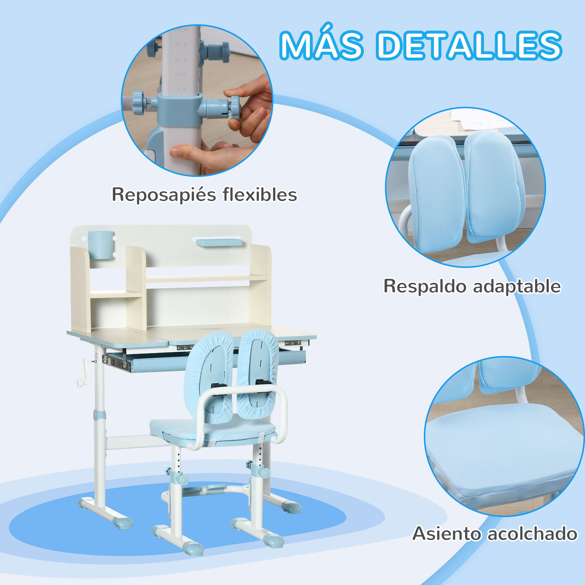 Juego de Escritorio y Silla para Niños de +3 Años Pupitre Infantil Altura Ajustable con 1 Cajón 1 Estante para Libros y Tablero de Mesa Inclinable 80x52x88-109 cm Azul y Blanco