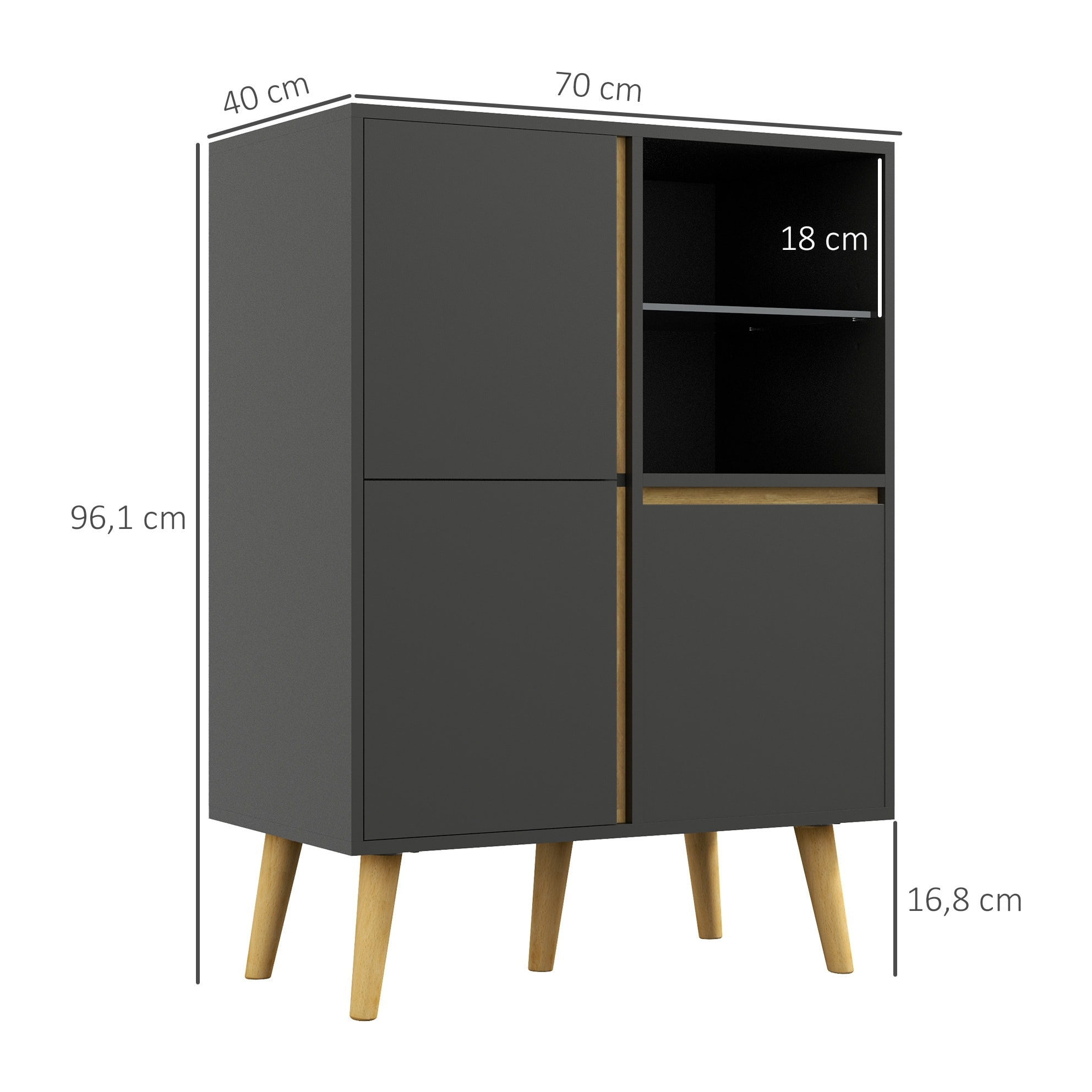 Meuble TV Hi-fi sur pied design scandinave 3 portes 3 étagères 2 niches verre trempé bois gris