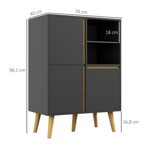 Meuble TV Hi-fi sur pied design scandinave 3 portes 3 étagères 2 niches verre trempé bois gris