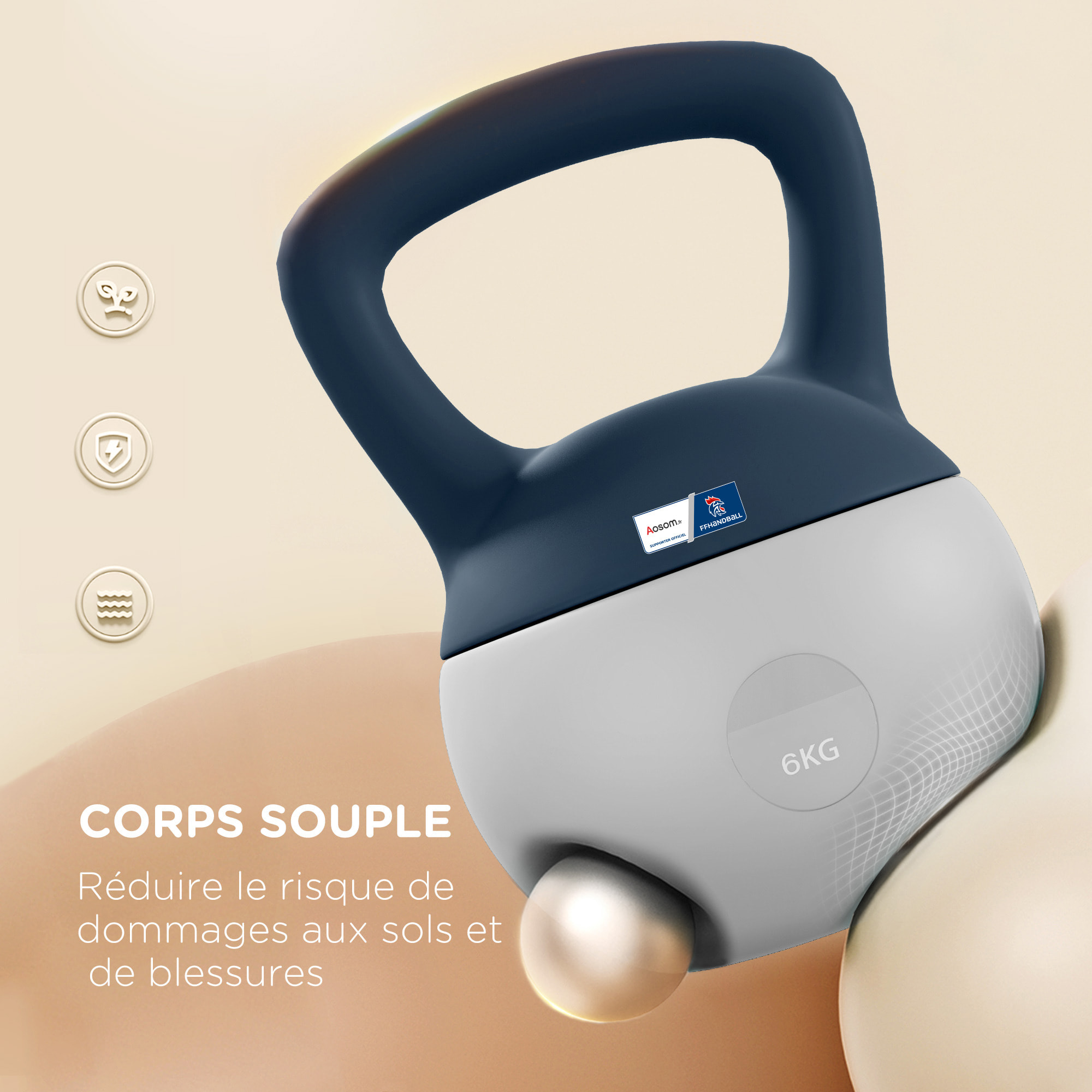 Kettlebell 6 Kg collaboration Aosom.fr x FFHandball - prise ergonomique - PVC gris jaune