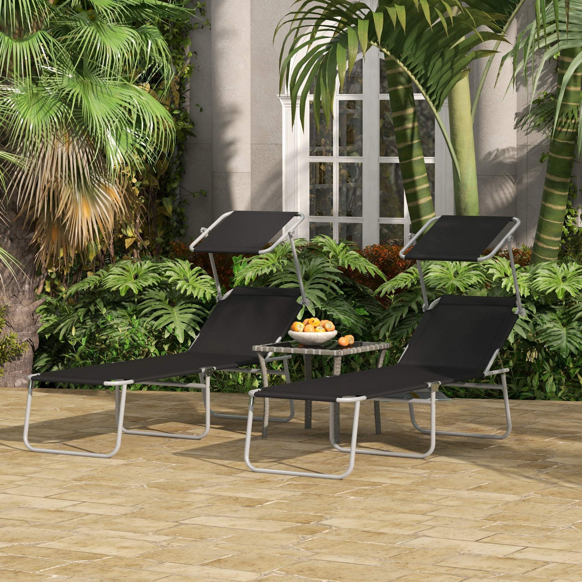 Conjunto de 2 Tumbonas Plegables Tumbonas de Jardín con Toldo Desmontable y Ajustable Respaldo Regulable en 4 Niveles Carga 120 kg para Playa Terraza 187x58x36 cm Negro