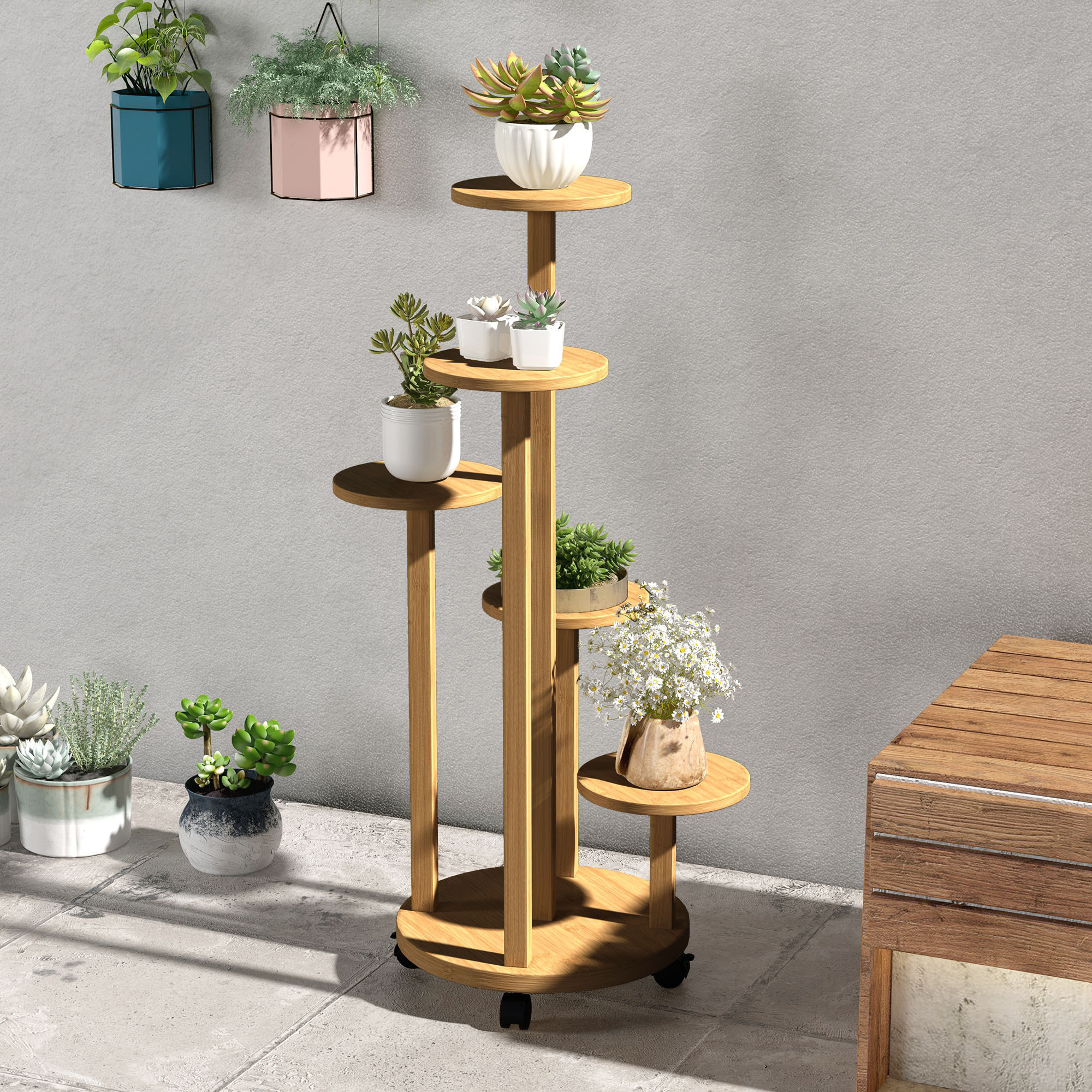 Soporte para Plantas de Bambú con Ruedas de 5 Niveles, Estantería Redonda para Plantas para Esquina, Soporte para Macetas, Interior y Exterior, 33x33x90 cm, Natural