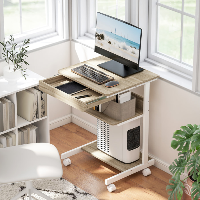 Bureau informatique roulant - bureau mobile - table d'ordinateur - tiroir coulissant 2 étagères - blanc naturel