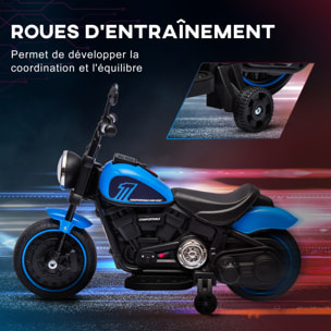 Moto électrique enfant 6 V 3 Km/h effet lumineux roulettes amovibles repose-pied pédale métal PP bleu noir