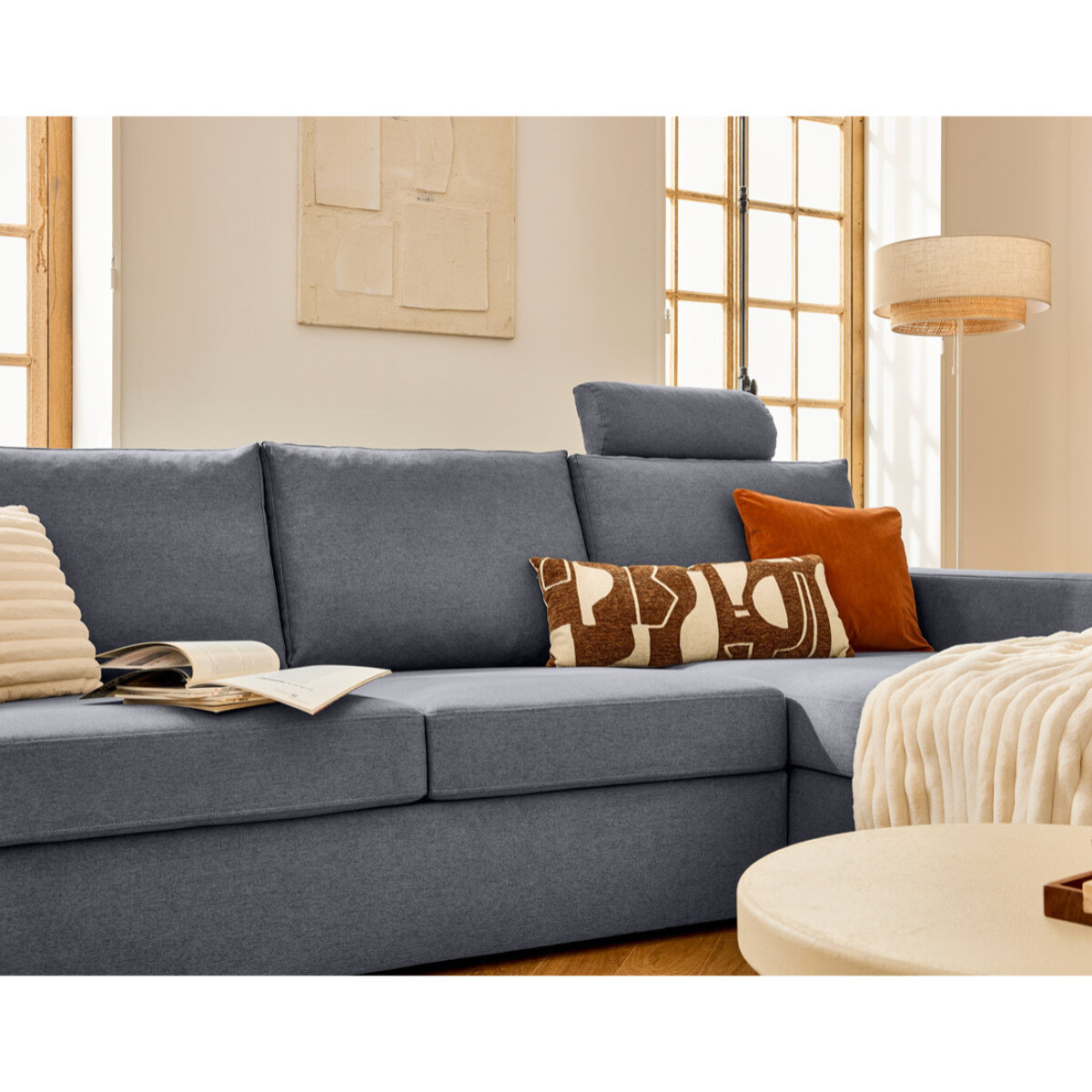 Barrie - canapé d'angle réversible 4 places avec têtière amovible en tissu - Gris