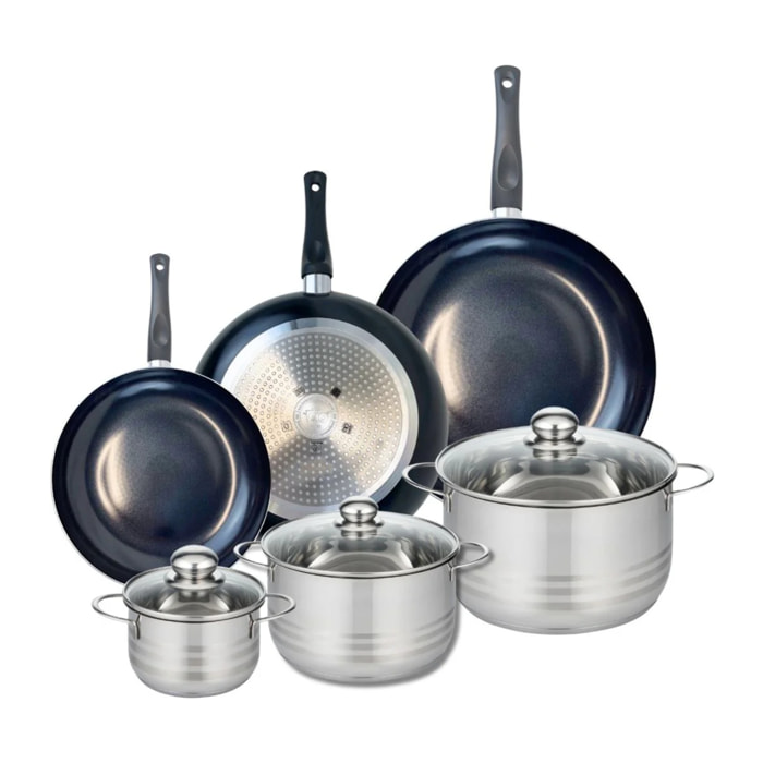 Ensemble de 3 Poêles de cuisson 24, 28 et 32 cm et 3 faitouts 14, 20 et 24 cm Elo Prima Brillant