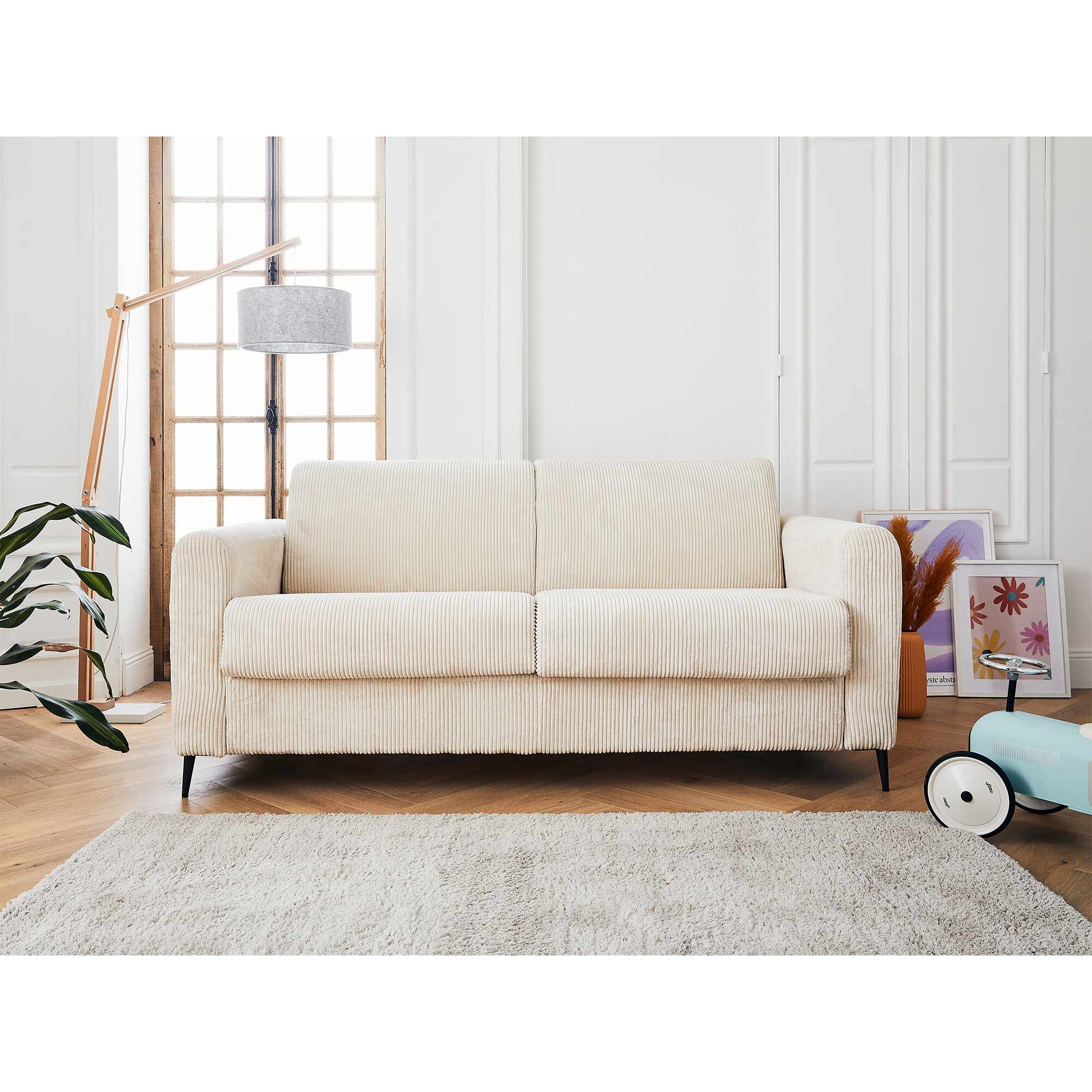 Owen - canapé lit 3 places convertible express couchage quotidien 140 cm matelas 12 cm en velours côtelé - Beige