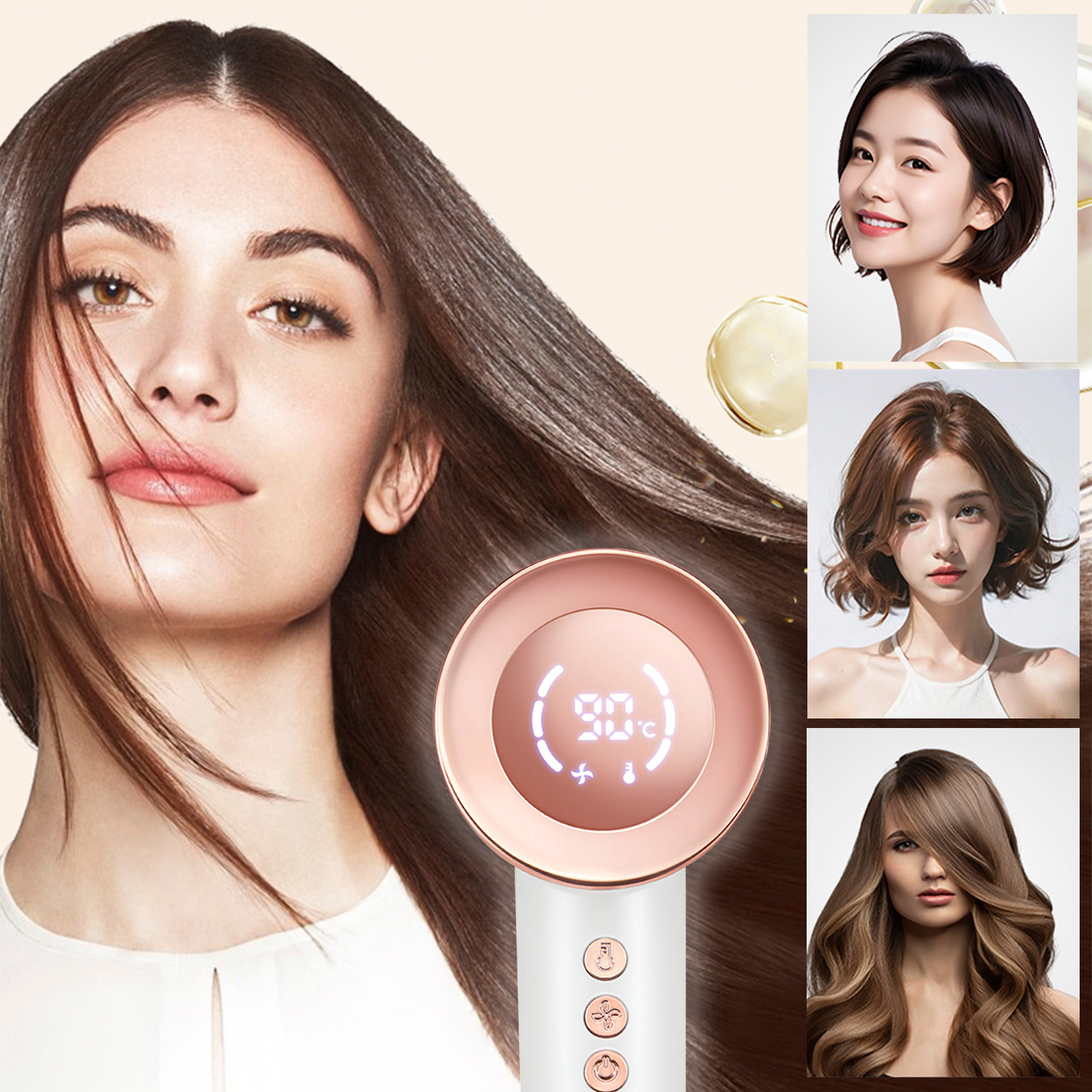 Asciugacapelli ionico da 1500W, 3 velocità, fino a 90°C. Include beccuccio concentratore magnetico.