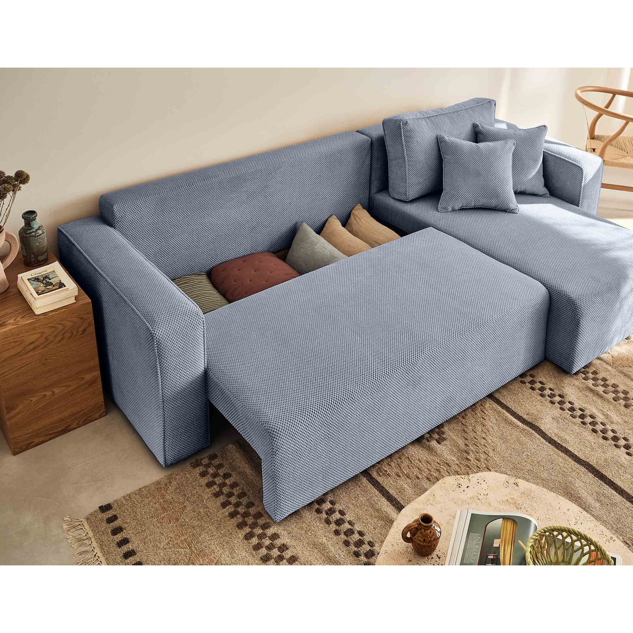 Topaze - canapé d'angle réversible - 4 places - convertible avec coffre - en velours texturé - Bleu grisé
