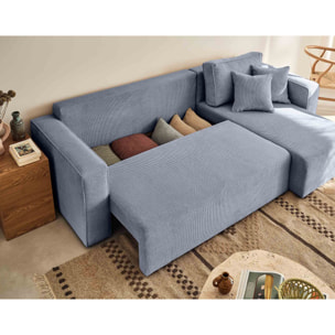 Topaze - canapé d'angle réversible - 4 places - convertible avec coffre - en velours texturé - Bleu grisé