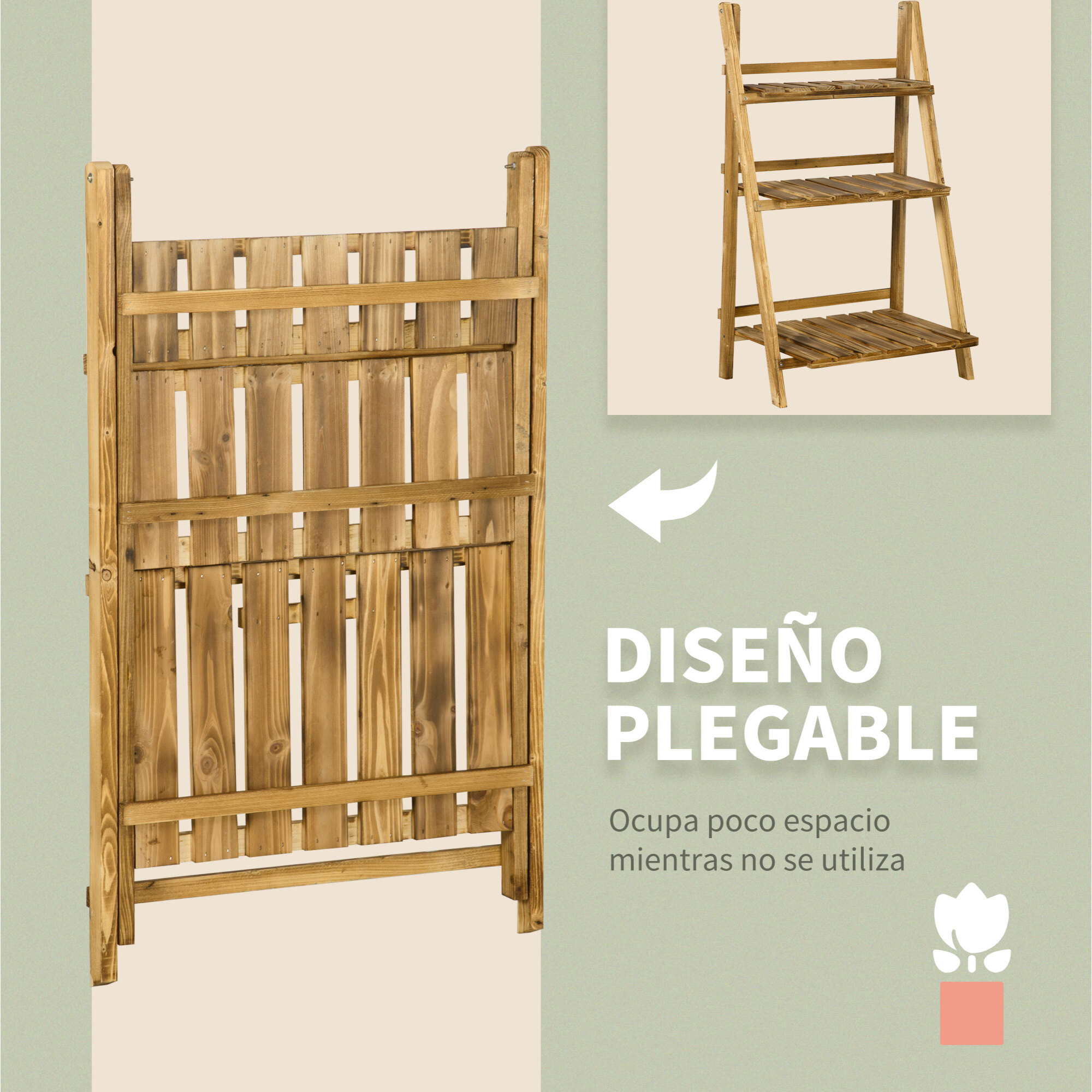 Soporte para Plantas de 3 Niveles Estantería para Plantas Plegable Soporte para Macetas de Madera para Interior y Exterior 60x37x93 cm Natural
