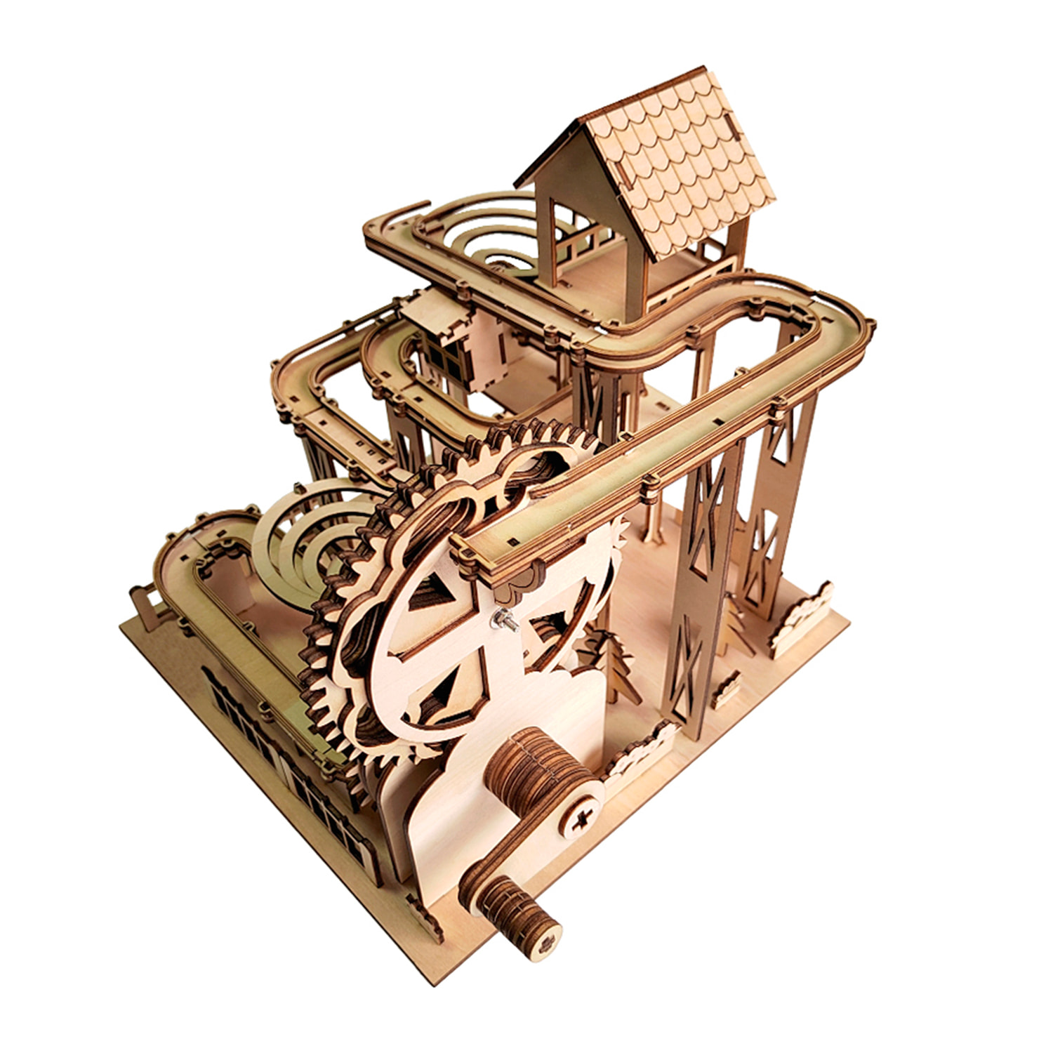 Maqueta de Madera 3D, con movimiento mecánico diseño de Pista de bolas Jungla. 250 piezas