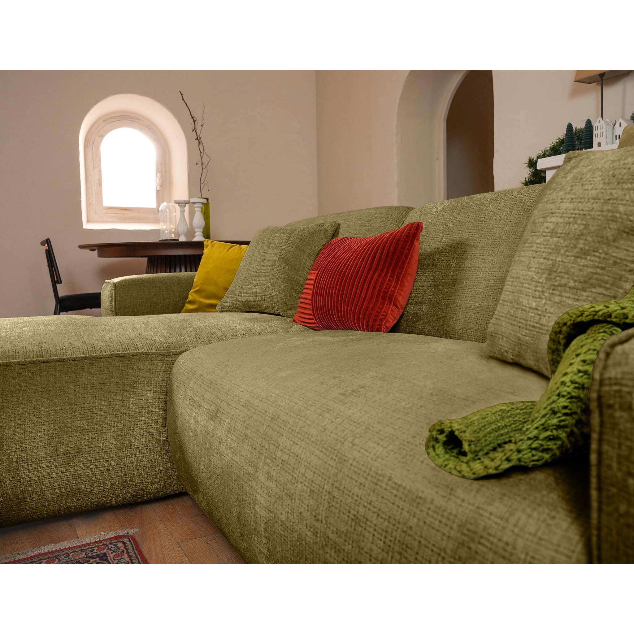 Lison - Canapé d'angle gauche 4 places en velours texturé - Vert Kaki