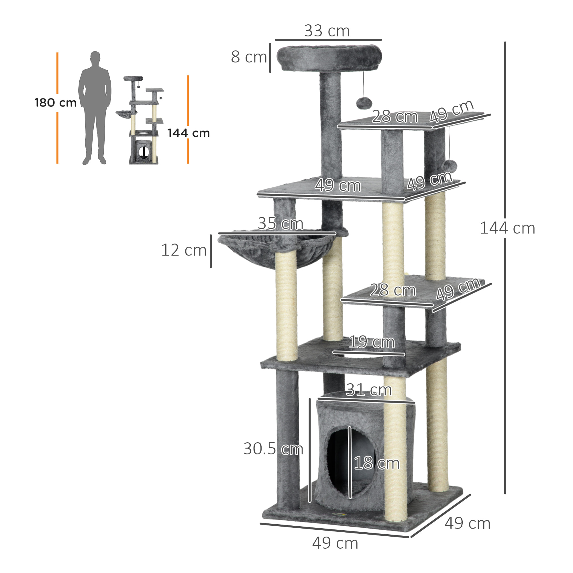 Árbol Rascador para Gatos Grande de 144 cm Torre para Gatos Interior con 4 Formas Postes para Rascar Cama Cueva Plataformas y Bolas Colgantes 49x49x144 cm Gris