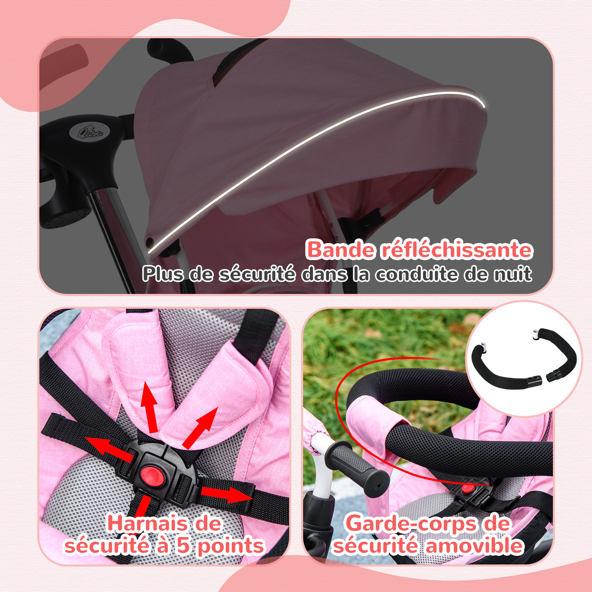 Tricycle enfant évolutif pliable pare-soleil canne télescopique amovible siège réversible rose