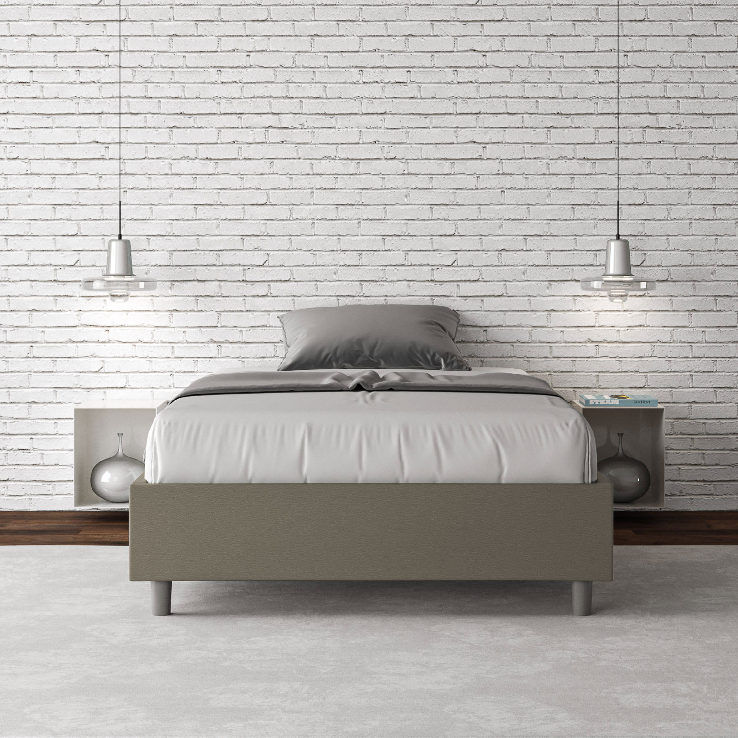 Letto matrimoniale francese contenitore imbottito 140x190 similpelle cappuccino Azelia